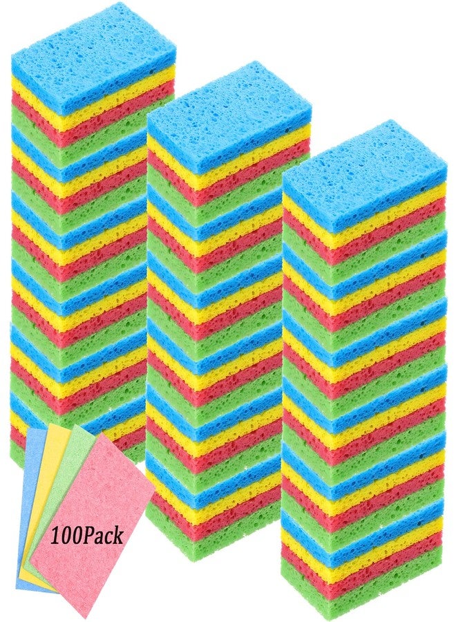 DOPENSPI 100 Pack Kitchen Sponge, 4.1 x 2.3 x 0.3 inch Natural Compressed Wood Pulp Fiber Colored Kitchen Dishes Cleaning Sponges Reusable for Home Bathroom Soft Washing Sponge - Image 1